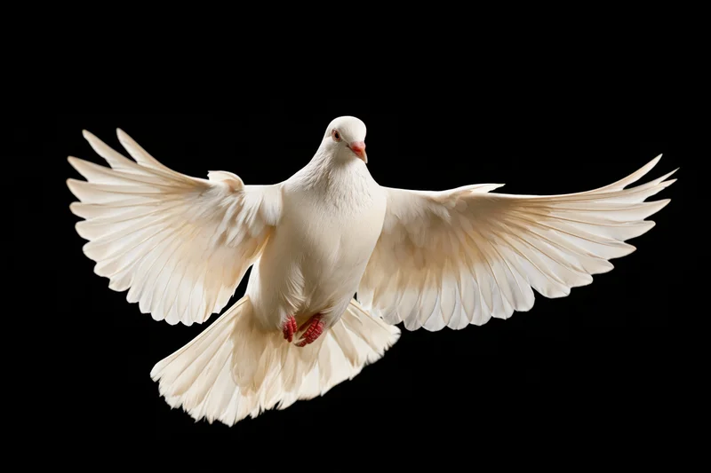 White dove in mid-flight with wings fully spread against black background