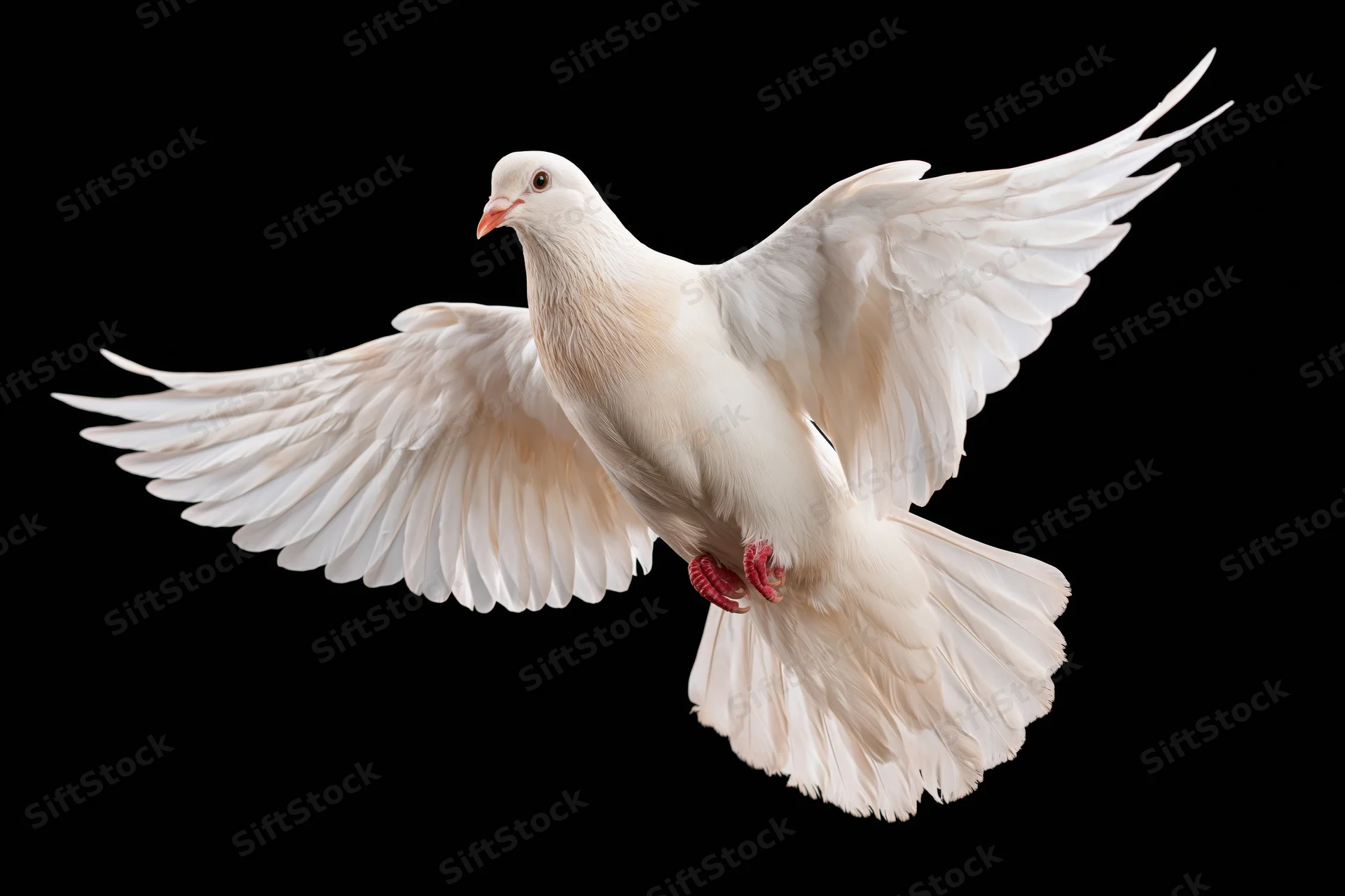 White dove in mid-flight with wings fully spread against black background