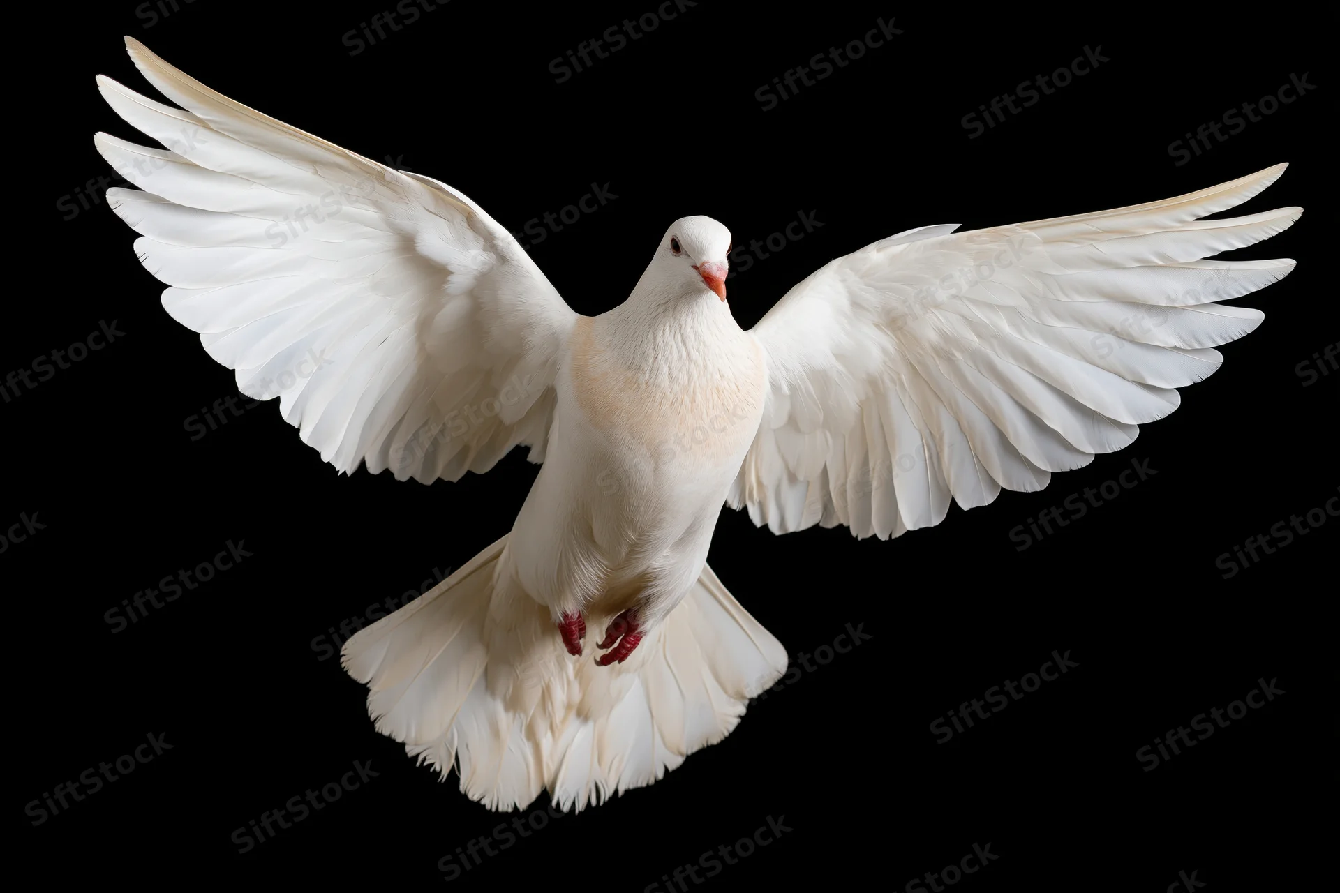 White dove in mid-flight with wings fully spread against black background