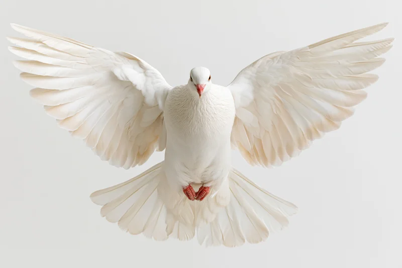 White dove in mid-flight with wings fully spread against a plain white background