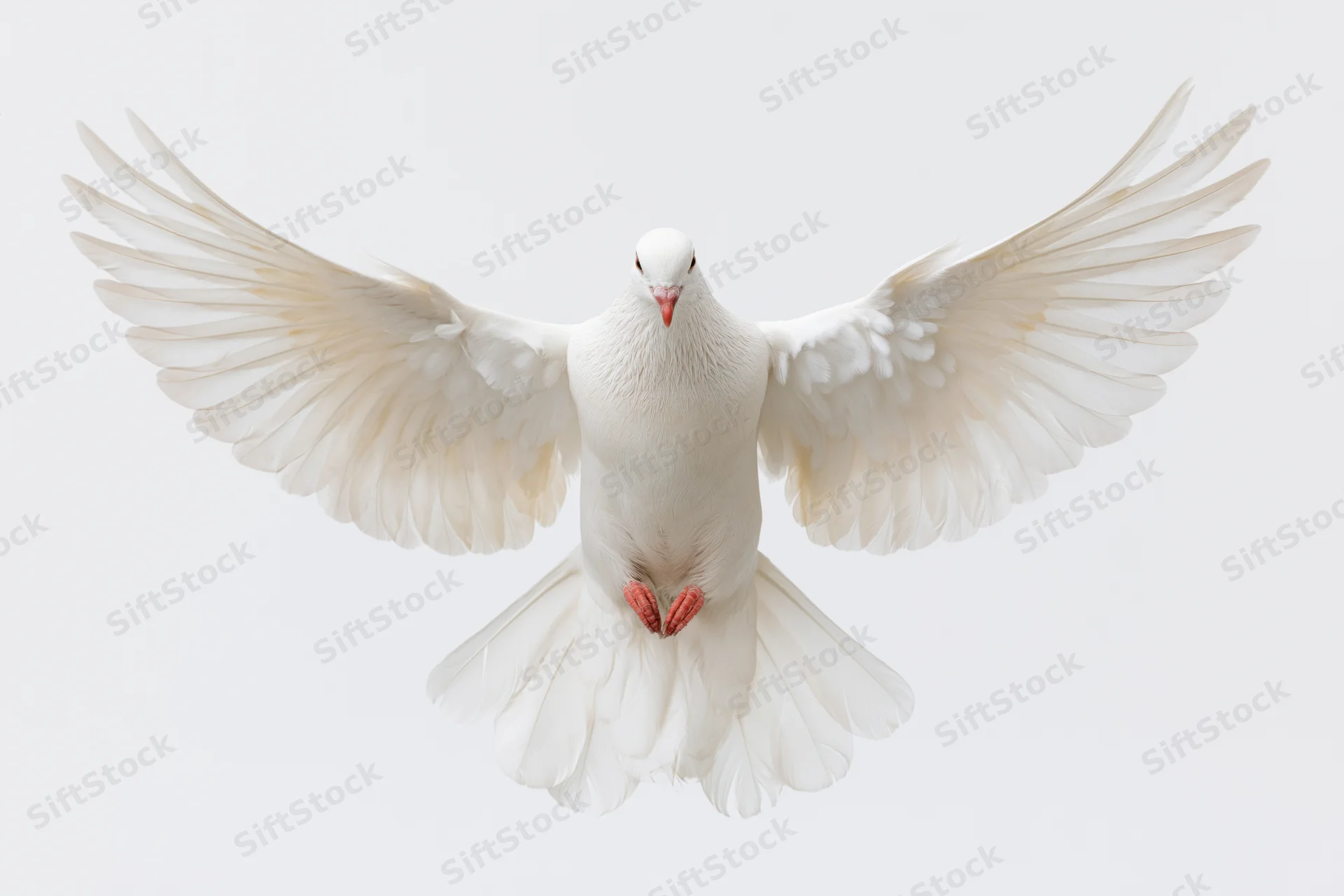 White dove in mid-flight with wings fully spread against a plain white background