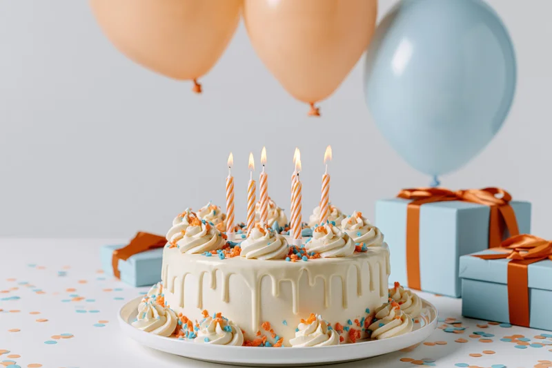 White drip birthday cake with lit striped candles and balloons on a table with gifts and confetti