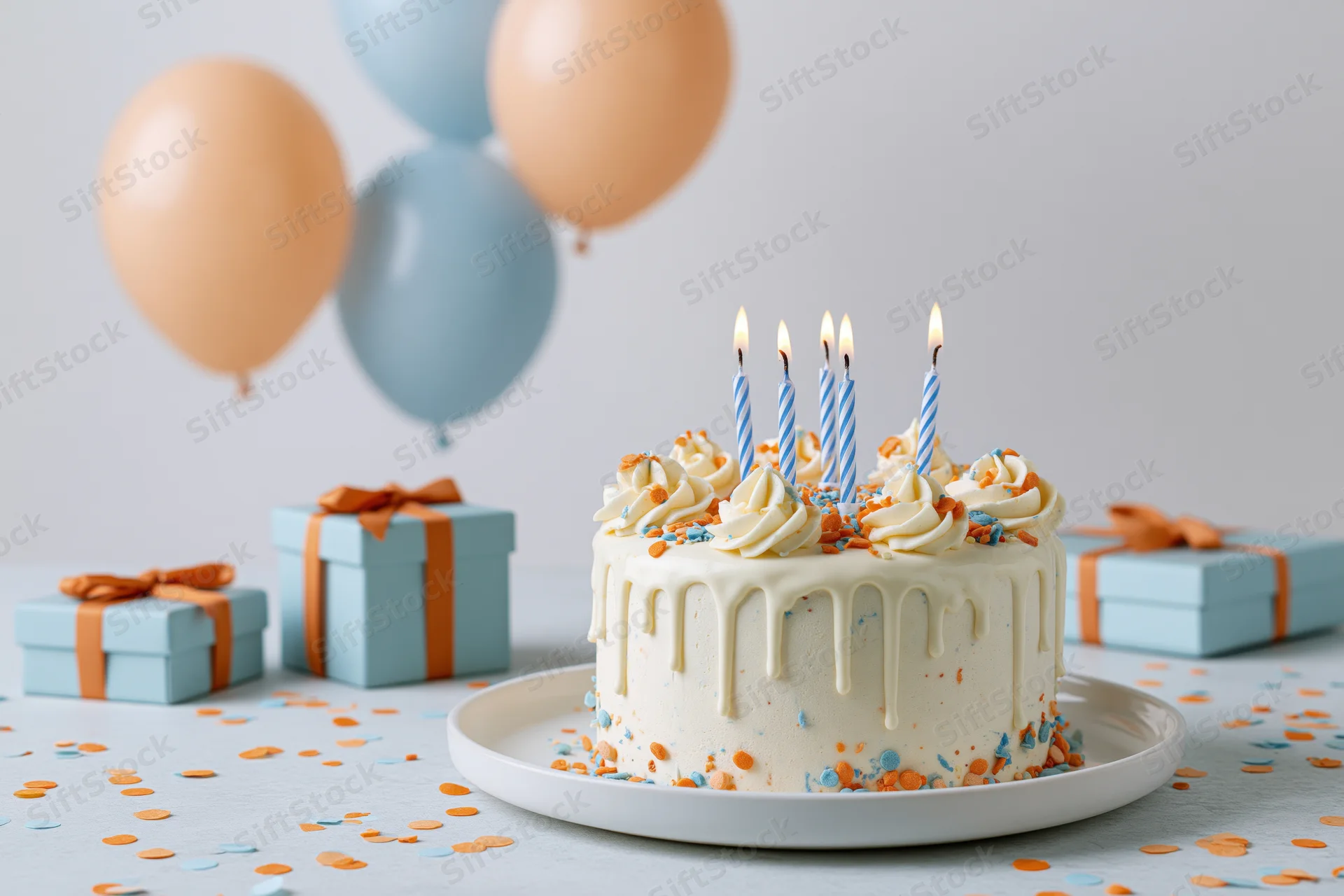 White drip birthday cake with lit striped candles on a plate surrounded by gifts and balloons