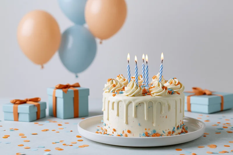 White drip birthday cake with lit striped candles on a plate surrounded by gifts and balloons