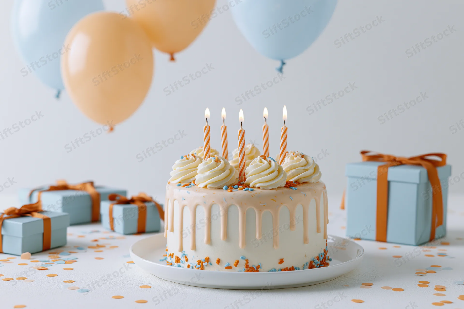 White drip birthday cake with lit striped candles on a table surrounded by gifts and balloons