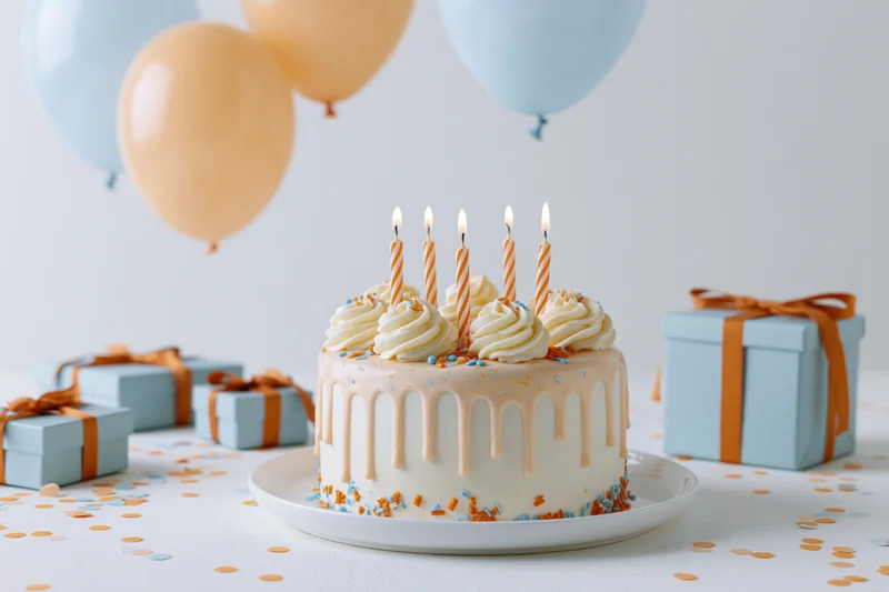 White drip birthday cake with lit striped candles on a table surrounded by gifts and balloons