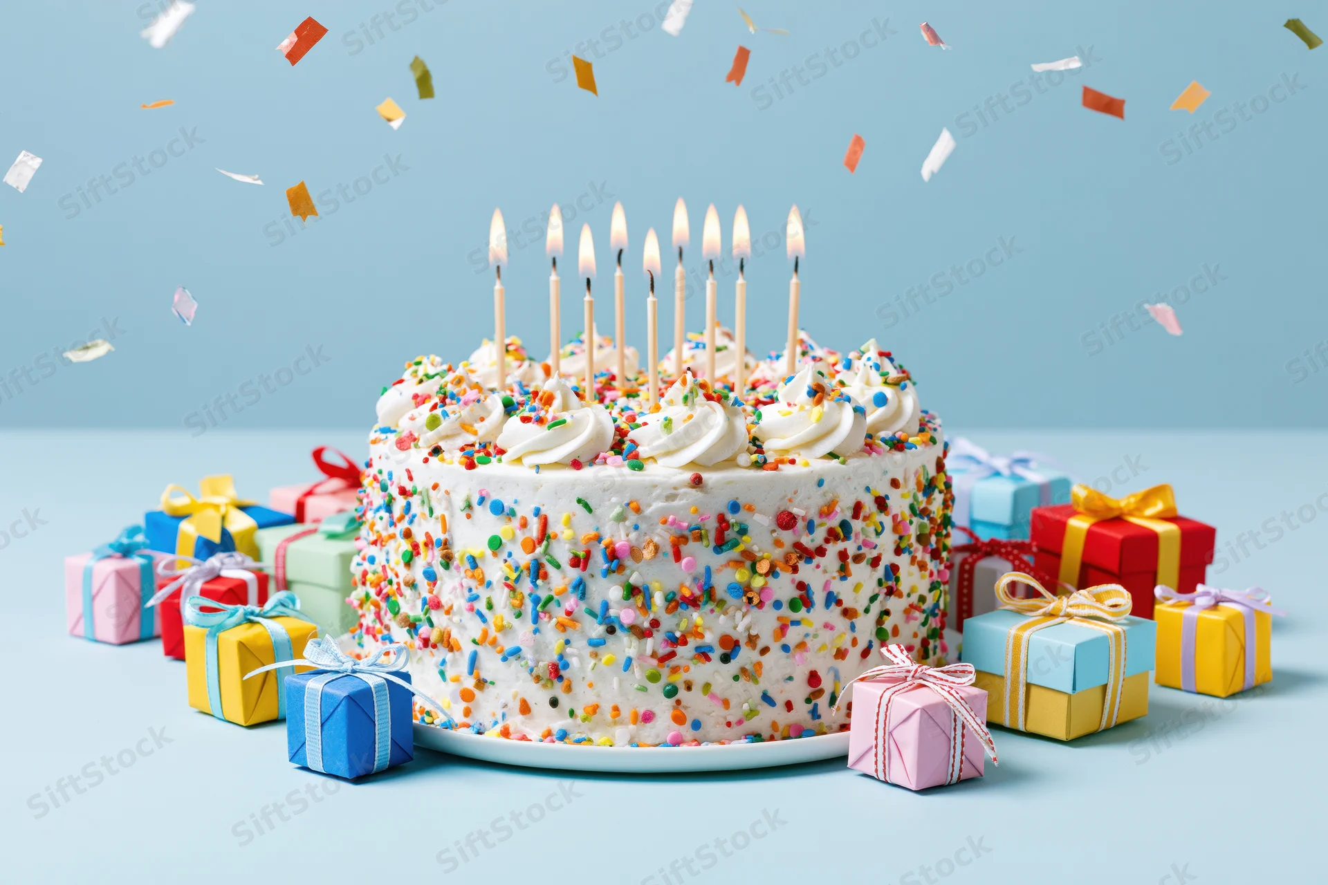 White frosted birthday cake with lit candles and colorful sprinkles surrounded by wrapped gifts and falling confetti on a light blue surface