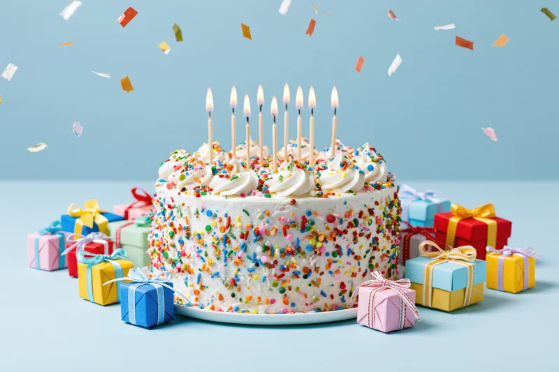 White frosted birthday cake with lit candles and colorful sprinkles surrounded by wrapped gifts and falling confetti on a light blue surface