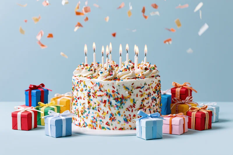 White frosted birthday cake with lit candles and colorful sprinkles surrounded by wrapped gifts and falling confetti on a light blue background
