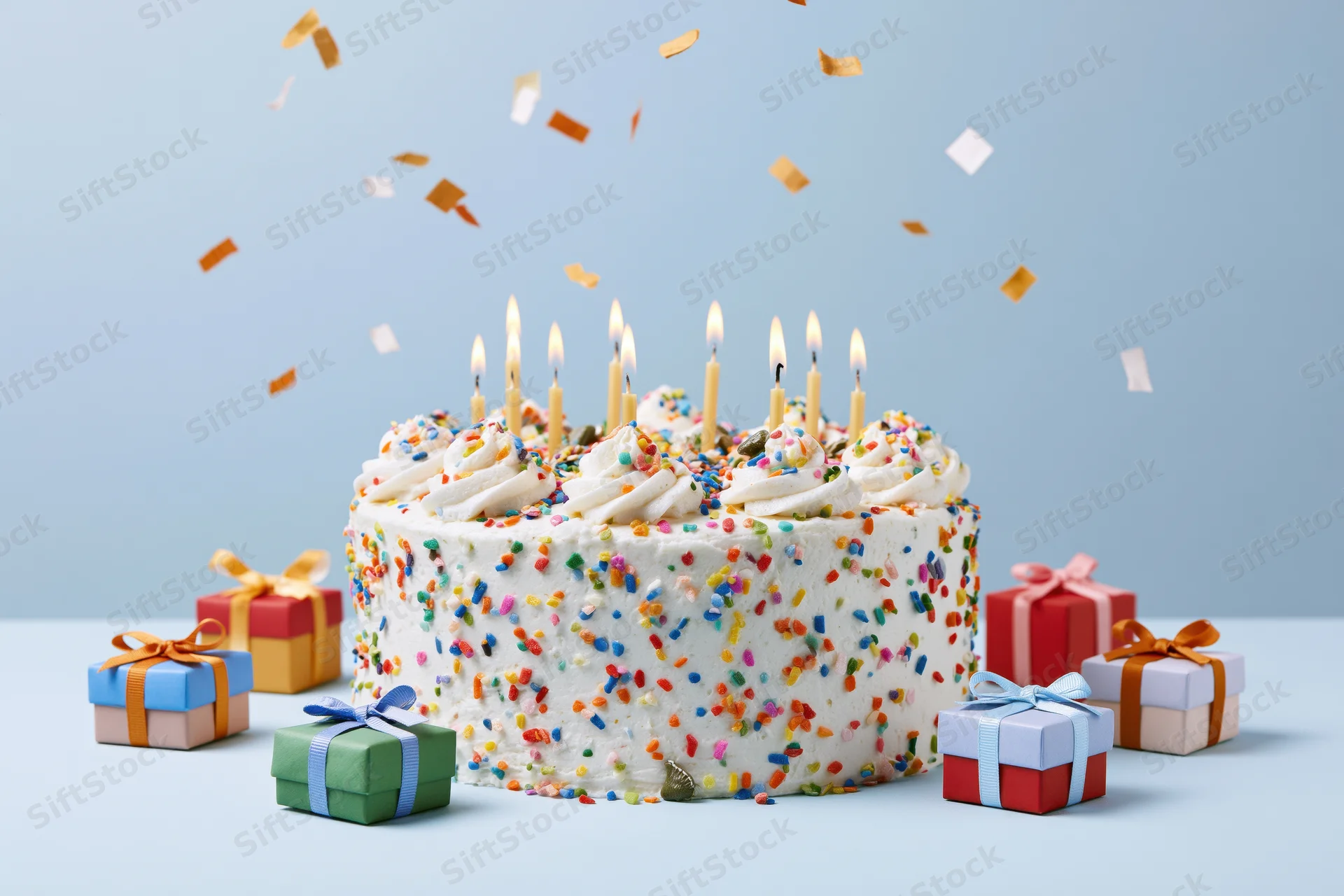 White frosted birthday cake with lit candles and colorful sprinkles surrounded by wrapped gifts and falling confetti on a light blue background