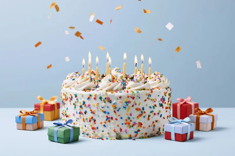 White frosted birthday cake with lit candles and colorful sprinkles surrounded by wrapped gifts and falling confetti on a light blue background