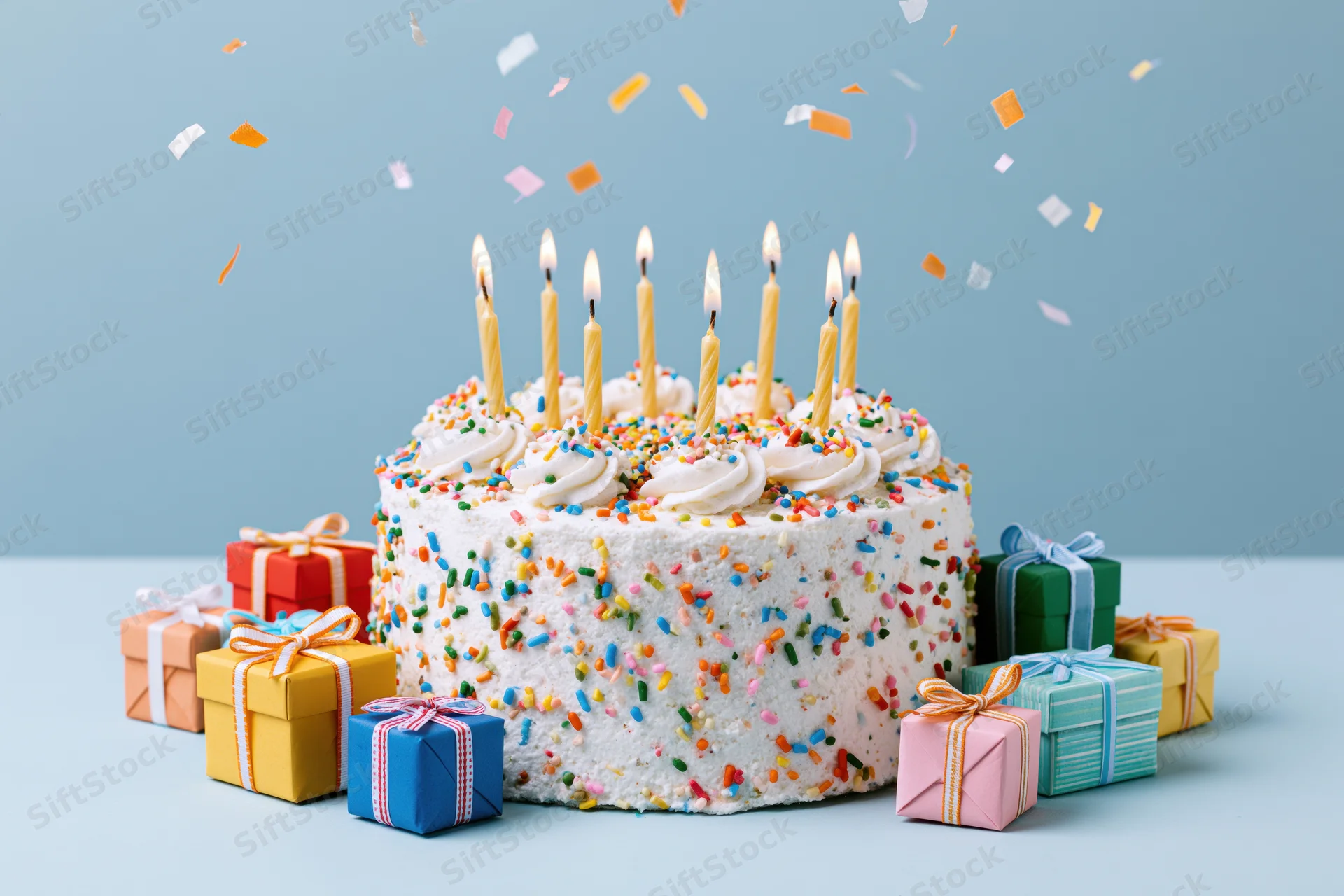 White frosted birthday cake covered in sprinkles with candles