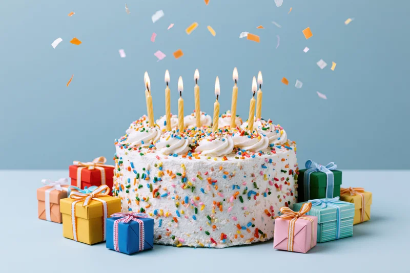 White frosted birthday cake covered in sprinkles with candles