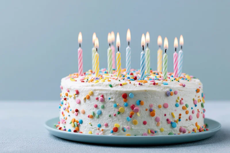 White frosted birthday cake with lit candles and colorful sprinkles on a blue plate