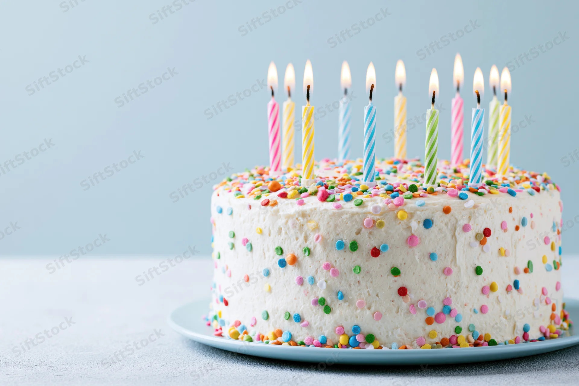 White frosted birthday cake with lit candles and colorful sprinkles on a plate
