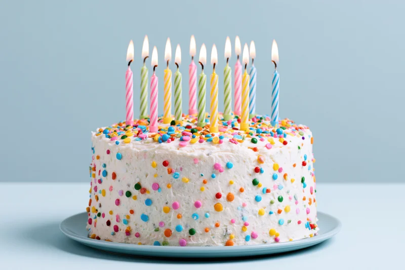 White frosted birthday cake with lit candles and colorful sprinkles on a blue plate