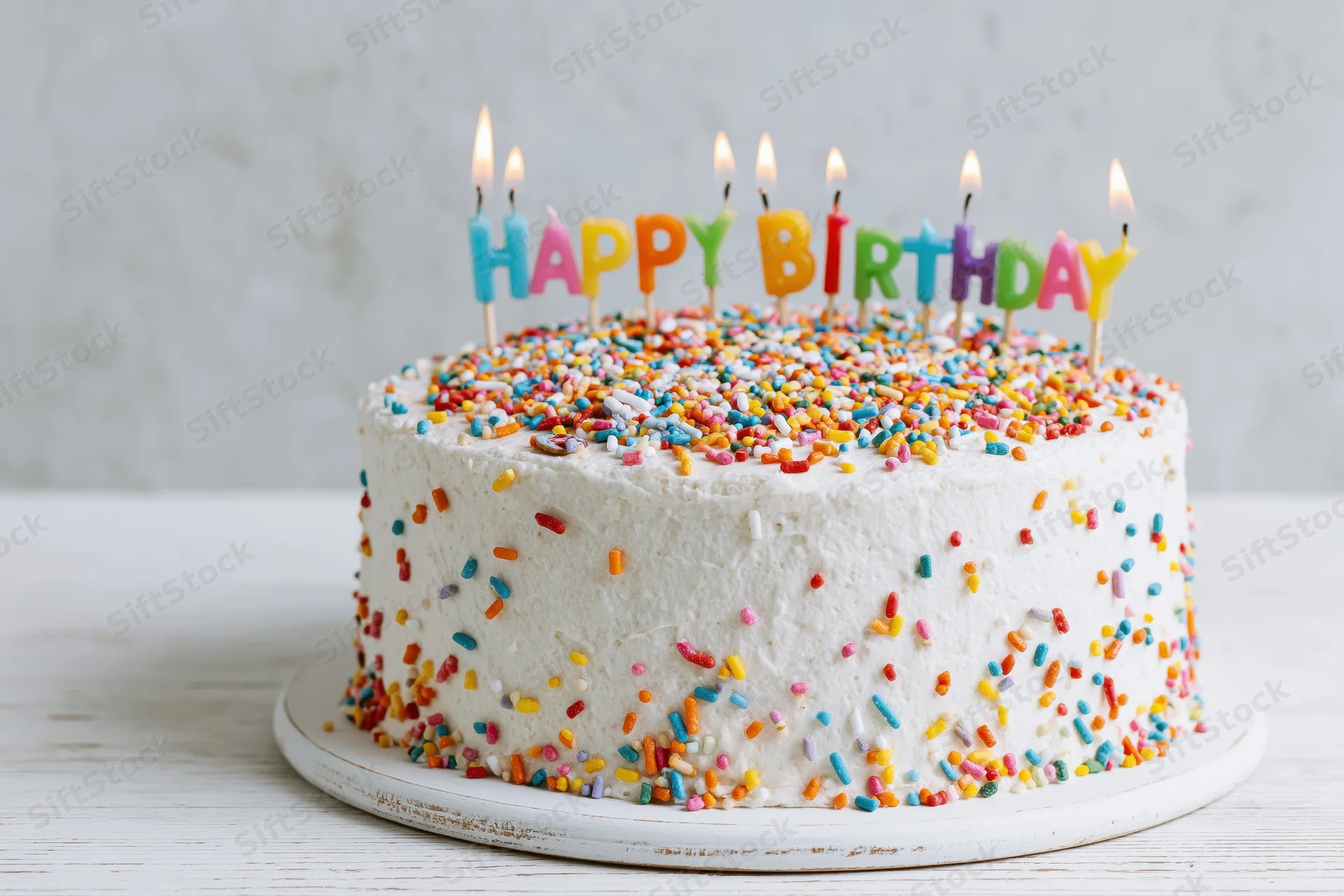 White frosted birthday cake with colorful sprinkles and lit candles spelling happy birthday on a wooden table