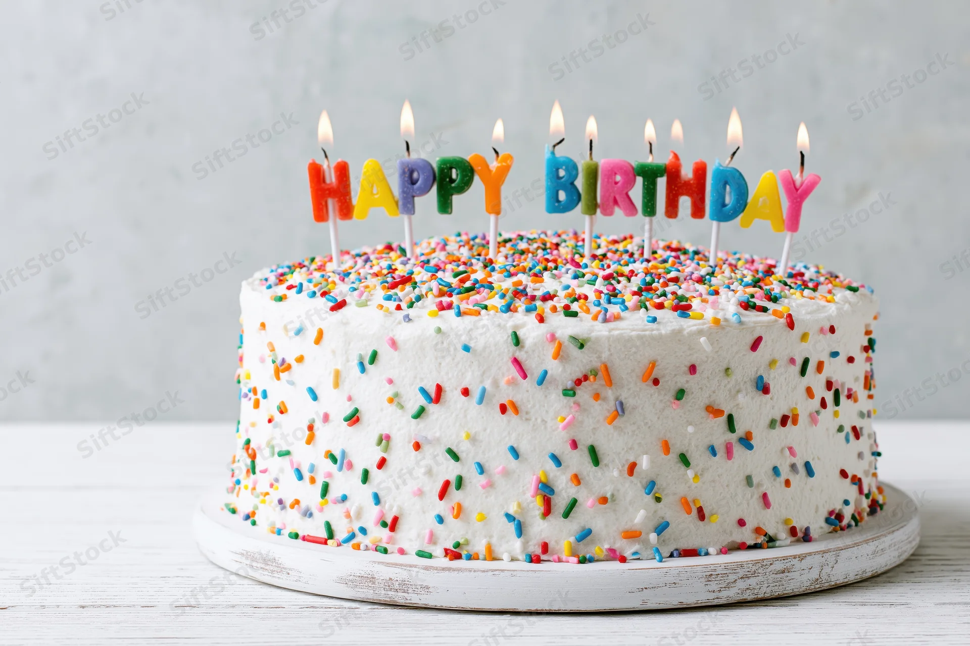 White frosted birthday cake with colorful sprinkles and lit letter candles on a wooden table