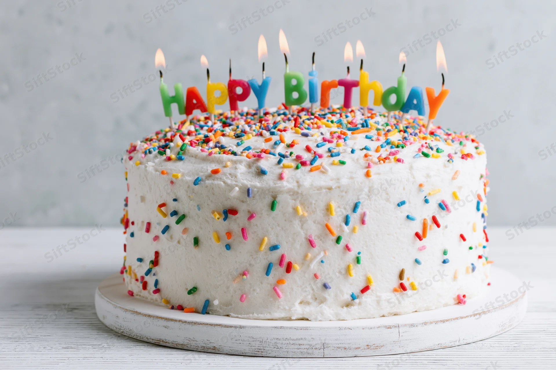 White frosted birthday cake with colorful sprinkles and lit candles spelling happy birthday on a wooden surface