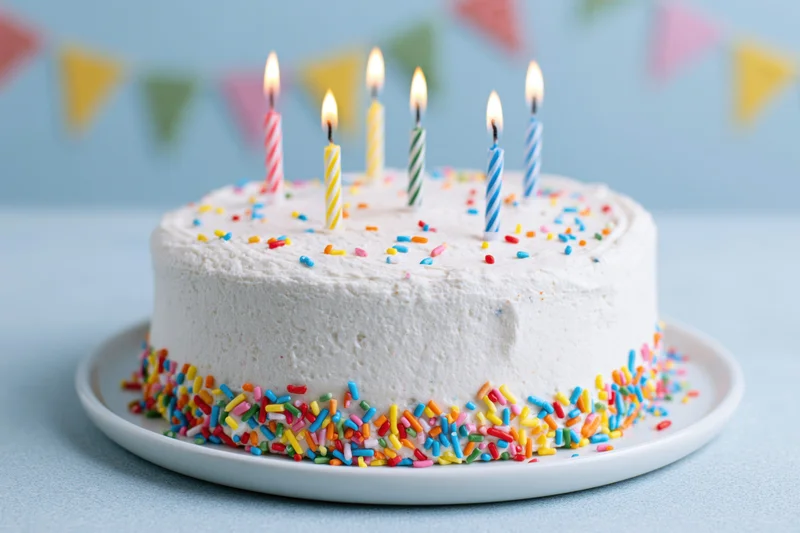White frosted birthday cake with lit candles and rainbow sprinkles on a plate, set against a pastel blue background with colorful bunting flags