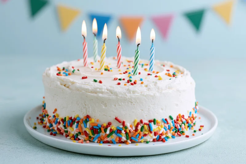 White frosted birthday cake with rainbow sprinkles and lit candles on a plate against a light blue background with party banner