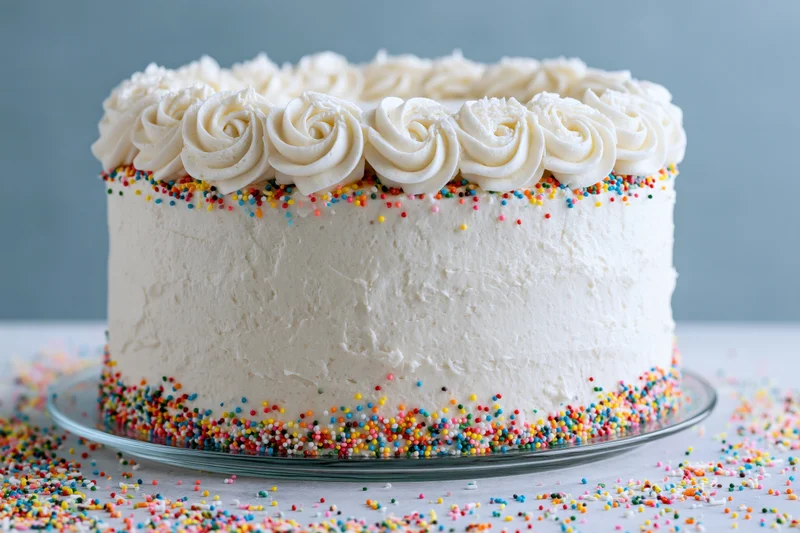 White frosted birthday cake with colorful sprinkles and rosettes on a glass stand