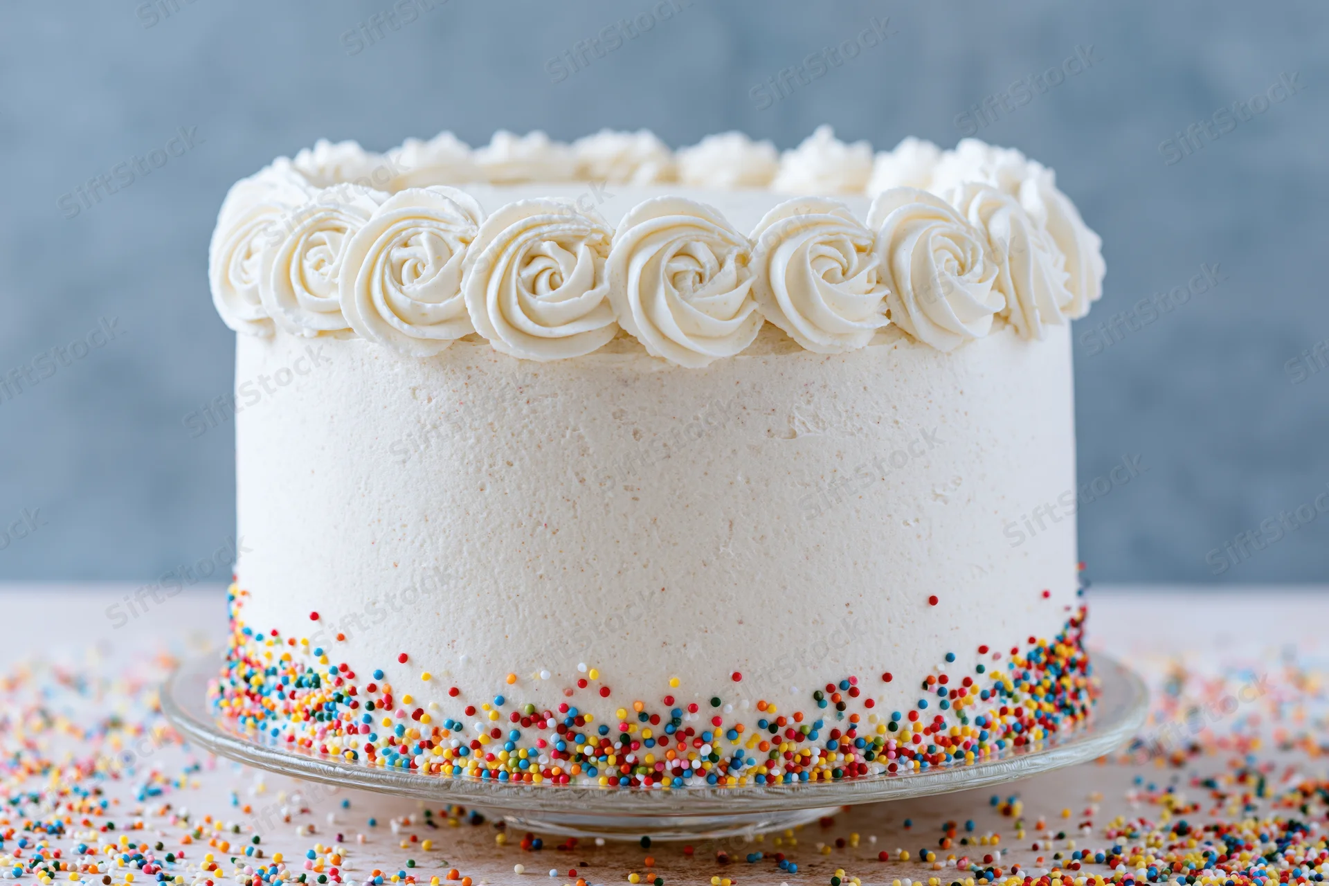 White frosted birthday cake with colorful sprinkles on a glass stand on wooden table