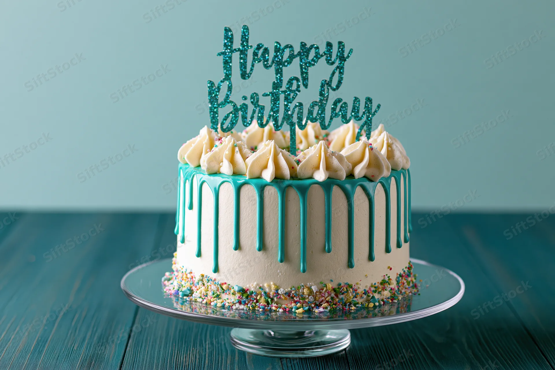 White frosted birthday cake with teal drip icing and sprinkles on a glass stand