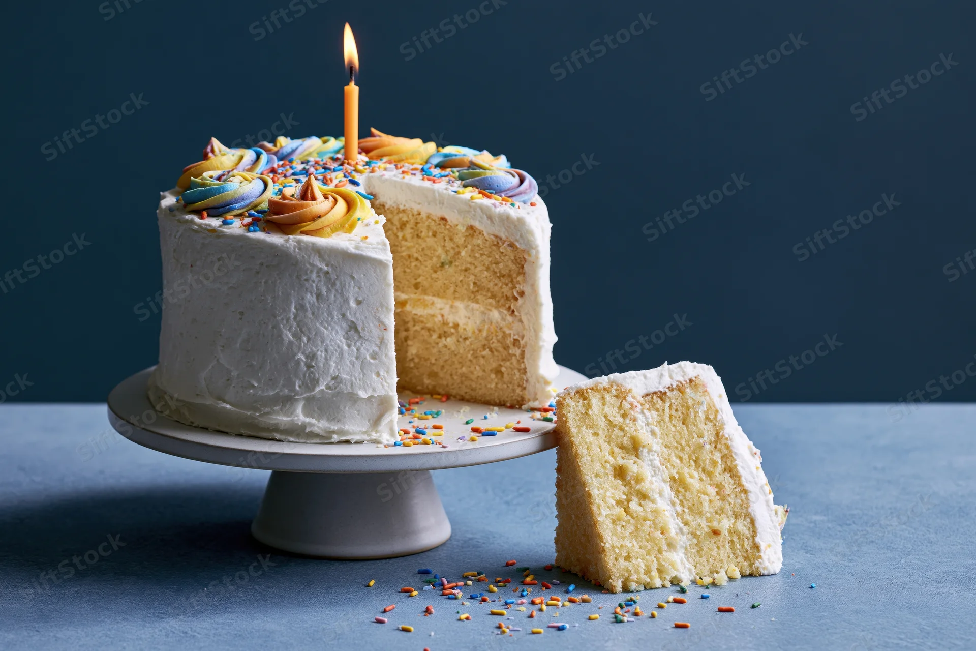 White frosted birthday cake with one slice removed, placed on a pedestal stand, surrounded by scattered sprinkles and a lit candle