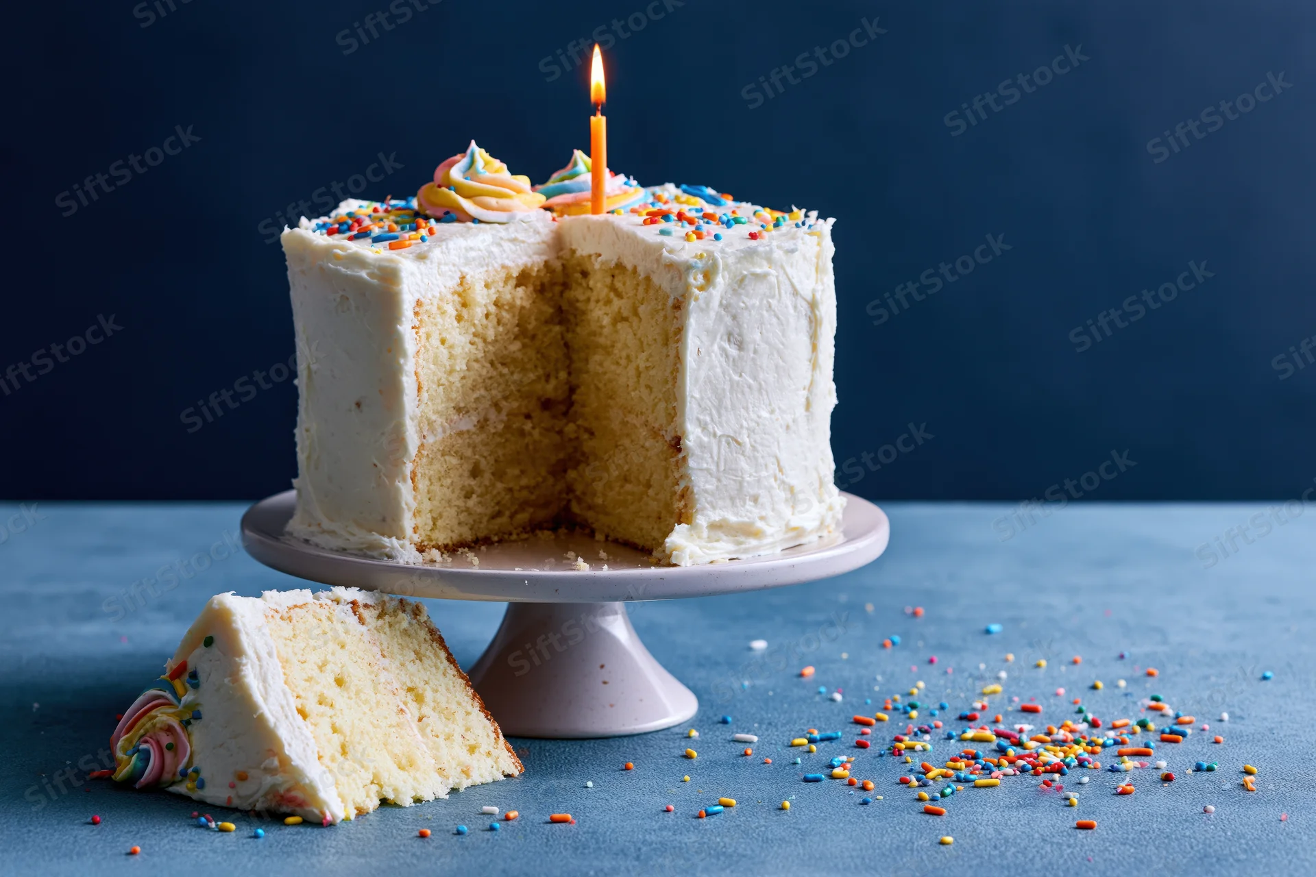 White frosted birthday cake with one lit candle and a slice removed, on a pedestal stand against a blue background