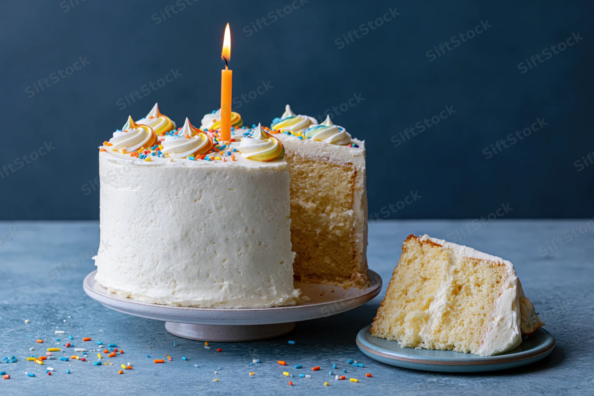 White frosted birthday cake with lit candle and slice on plate, on pedestal stand with sprinkles scattered around