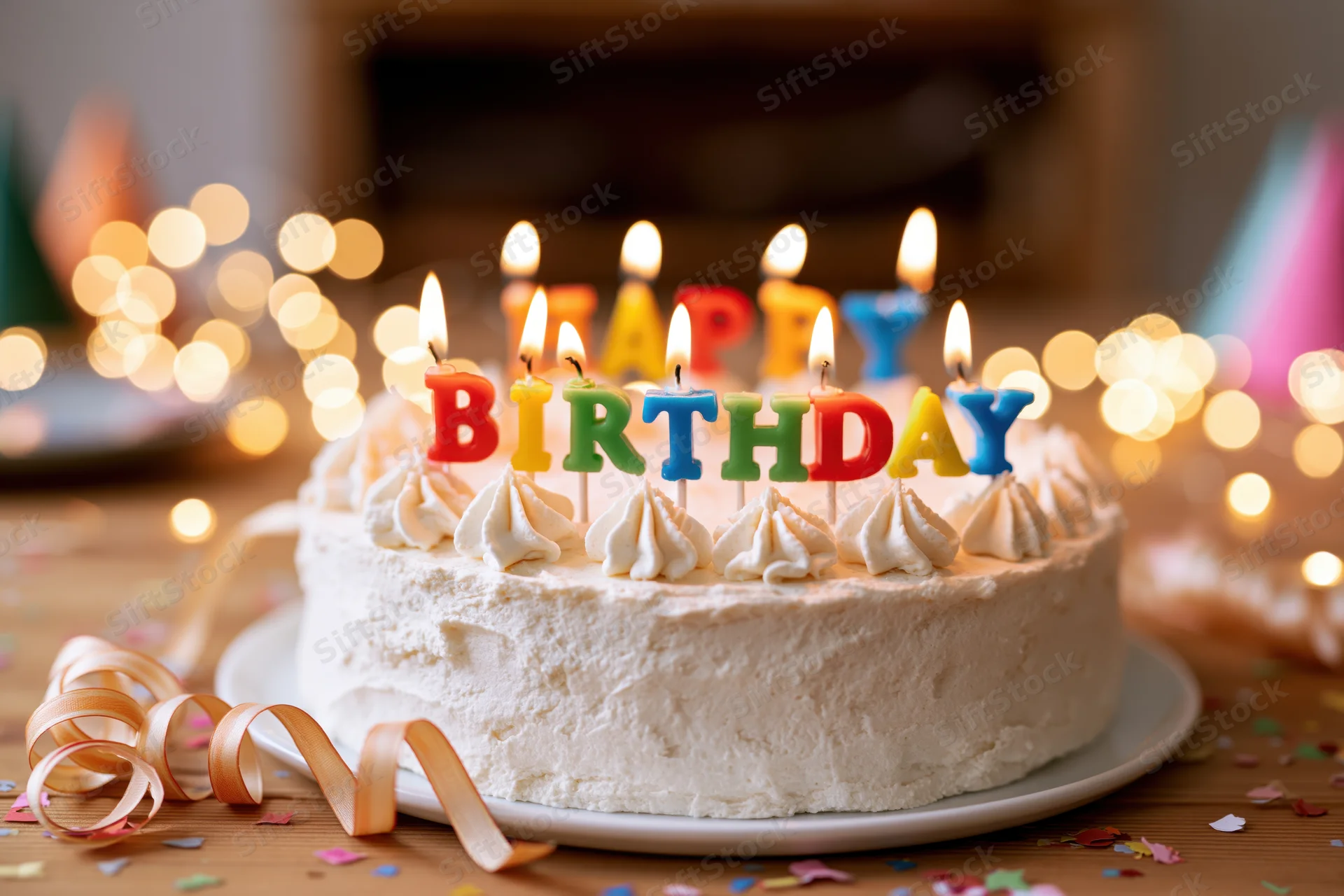 White frosted birthday cake with lit candles spelling happy birthday on wooden table surrounded by confetti and party decorations