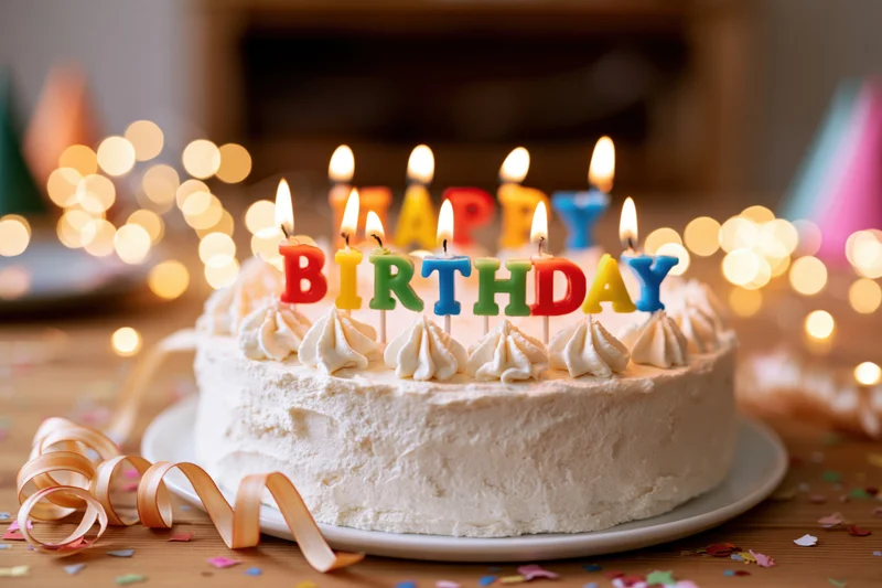White frosted birthday cake with lit candles spelling happy birthday on wooden table surrounded by confetti and party decorations