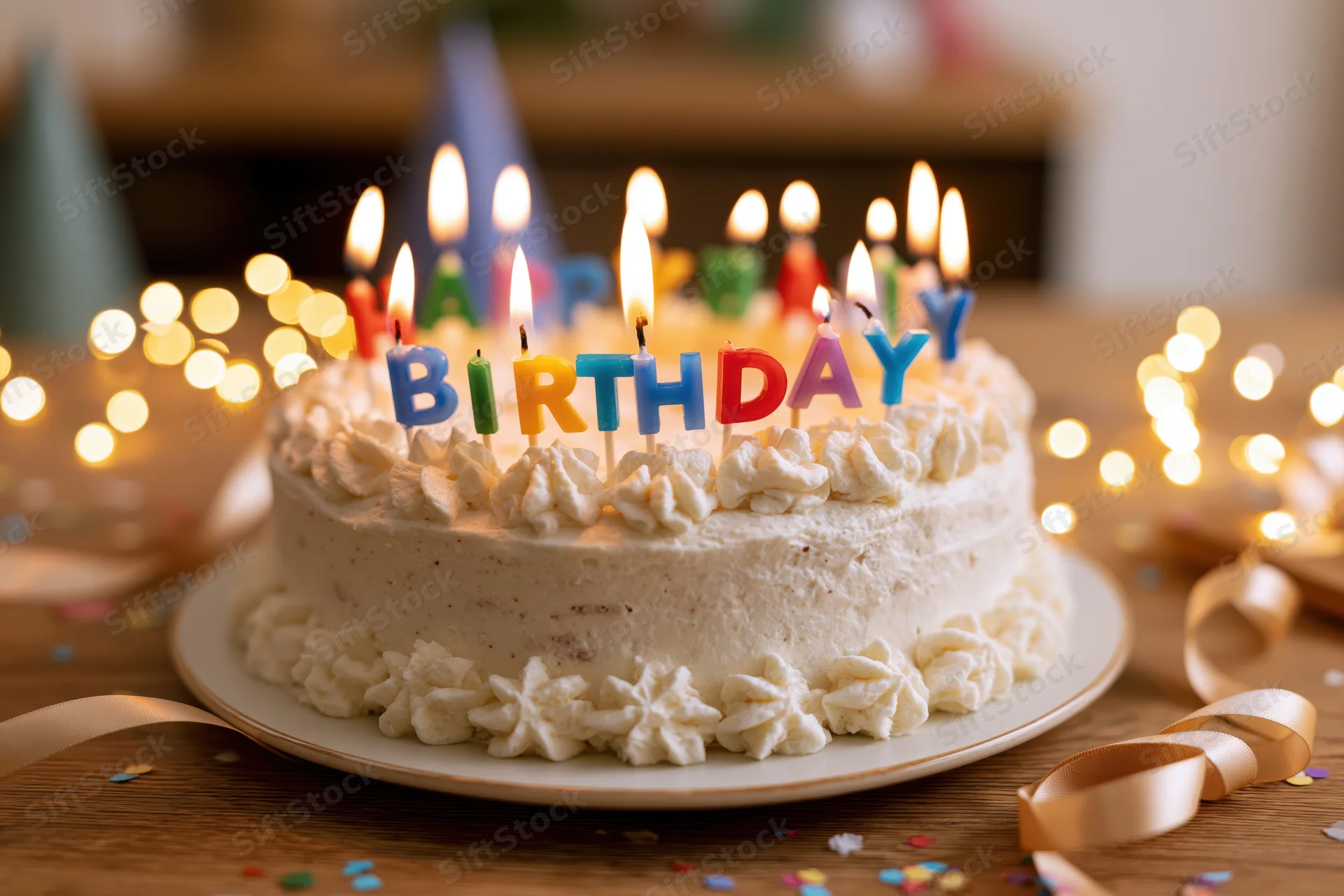 White frosted birthday cake with lit candles and party decorations on wooden table