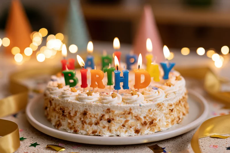 White frosted birthday cake with lit colorful letter candles on a decorated table