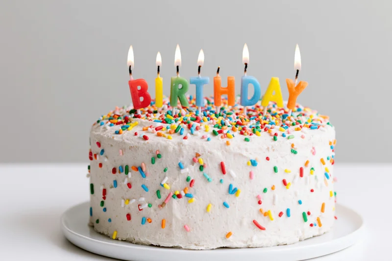 White frosted birthday cake with lit letter-shaped candles and colorful sprinkles on a plate