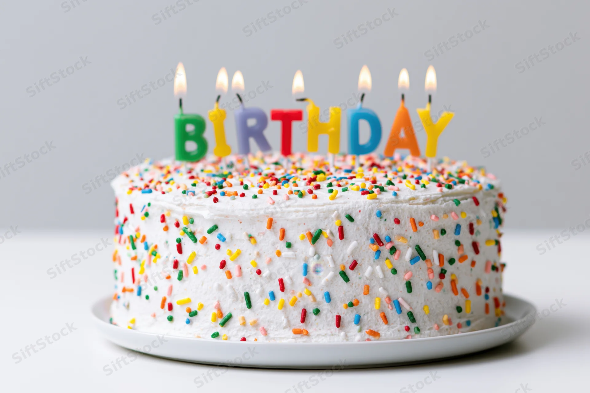 White frosted birthday cake with lit letter-shaped candles and colorful sprinkles on a plate