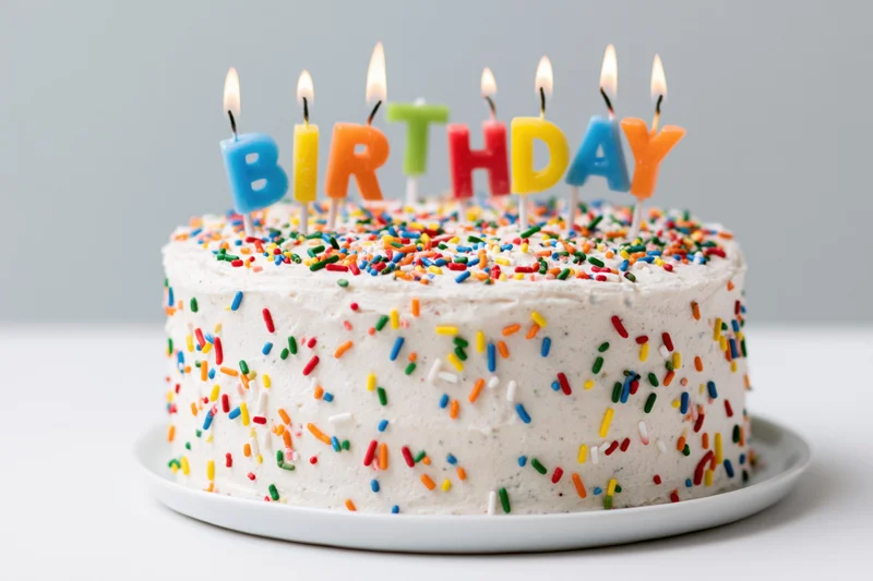 White frosted birthday cake with lit letter-shaped candles and colorful sprinkles on a plate