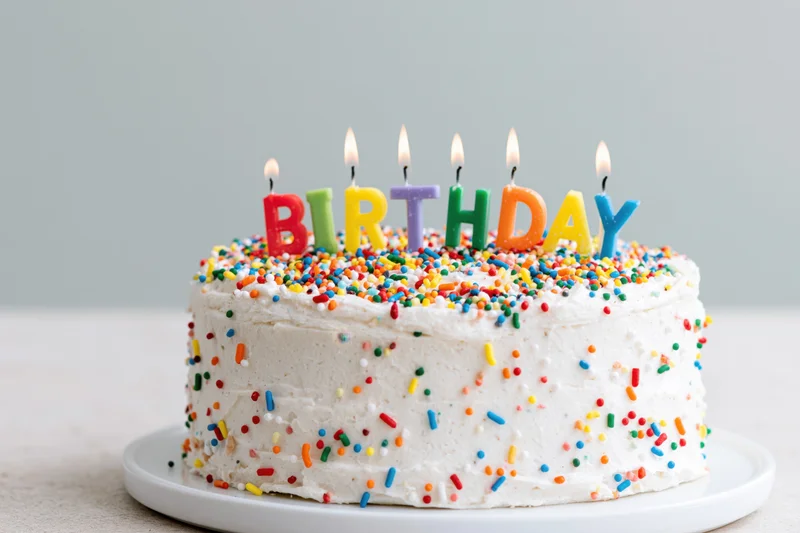 White frosted birthday cake with lit letter-shaped candles and colorful sprinkles on a plate