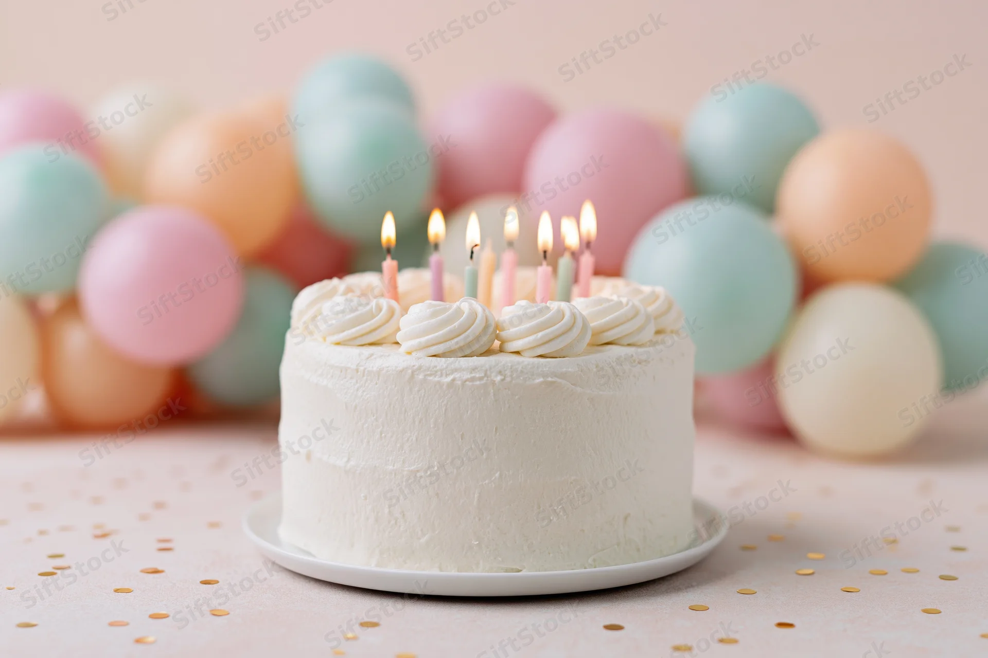 White frosted birthday cake with lit pastel candles on a table surrounded by balloons and confetti