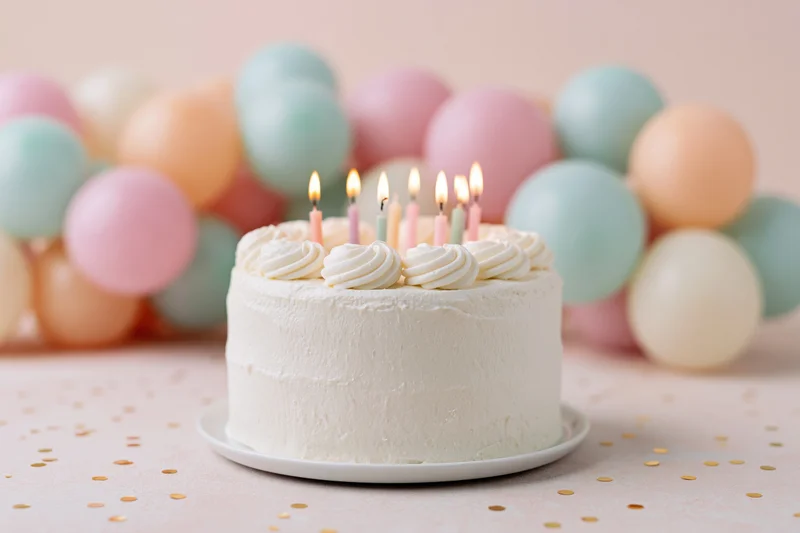 White frosted birthday cake with lit pastel candles on a table surrounded by balloons and confetti