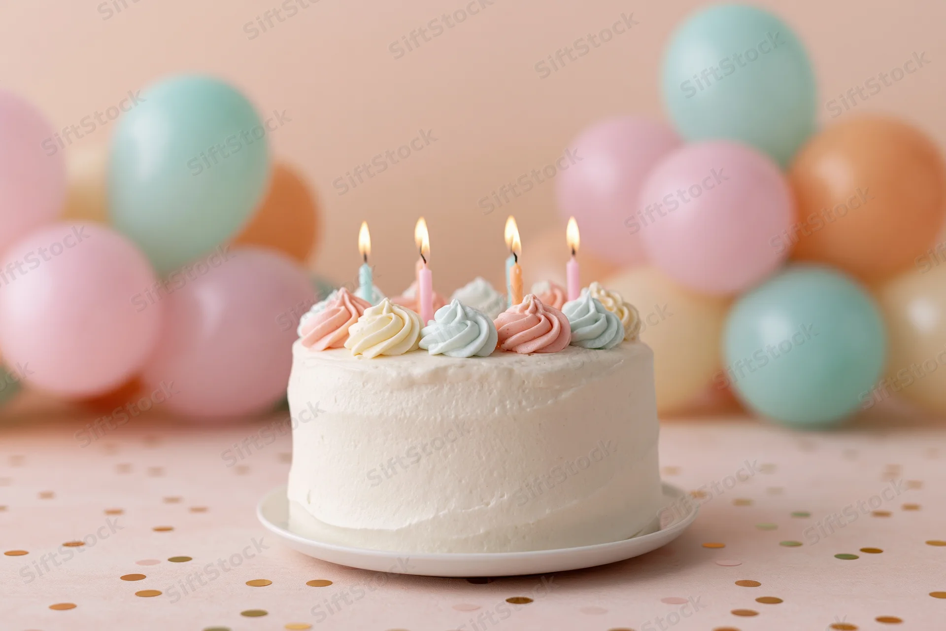 White frosted birthday cake with lit pastel candles on a table with balloons and confetti