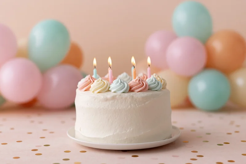 White frosted birthday cake with lit pastel candles on a table with balloons and confetti