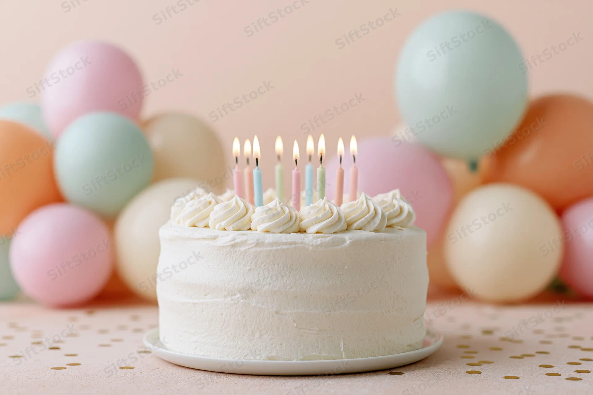 White frosted birthday cake with lit pastel candles on a table surrounded by balloons and confetti