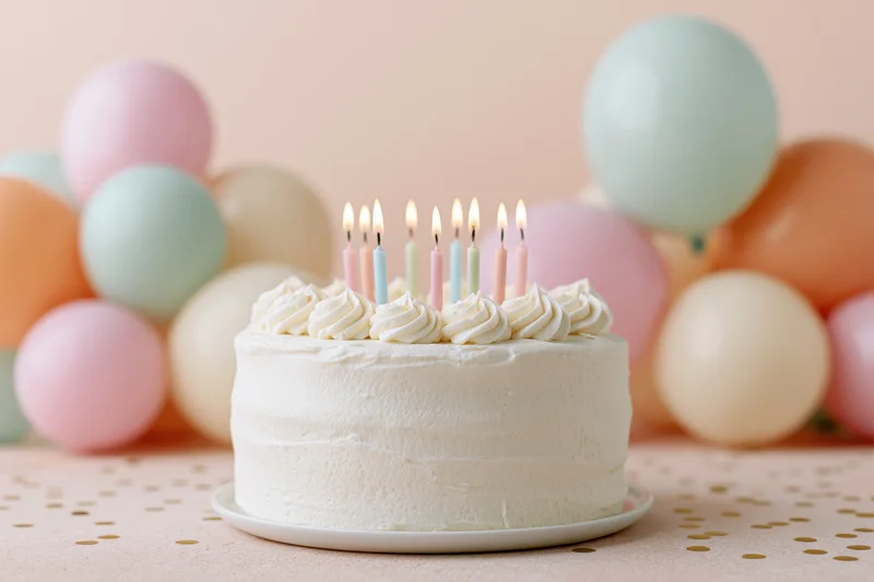 White frosted birthday cake with lit pastel candles on a table surrounded by balloons and confetti