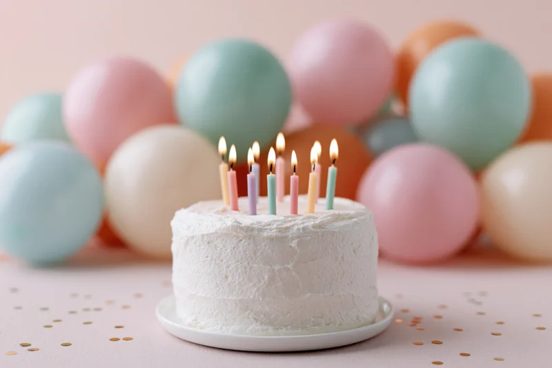White frosted birthday cake with lit pastel candles on a plate in front of colorful balloons