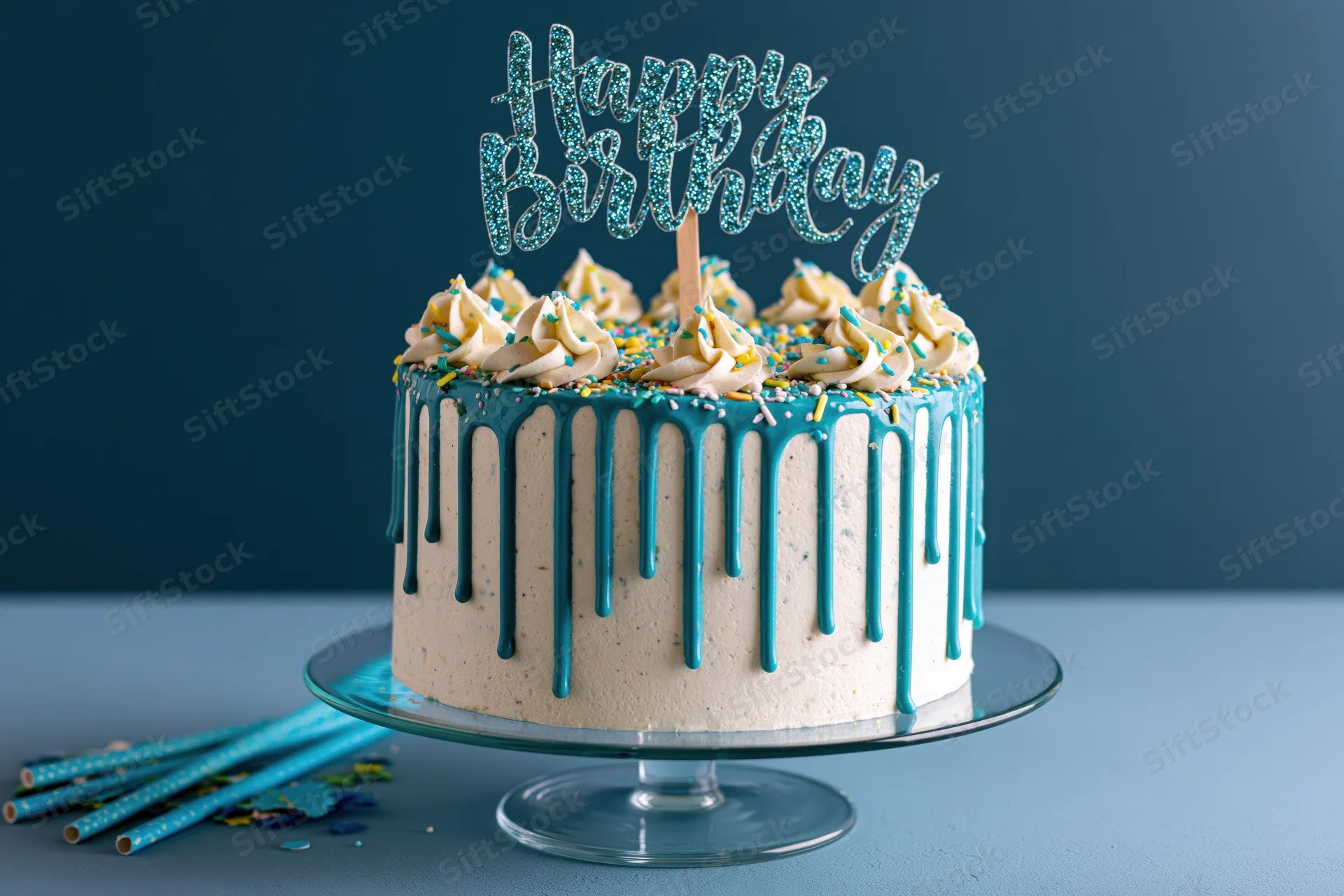 Birthday cake with teal drip glaze and happy birthday topper on glass stand