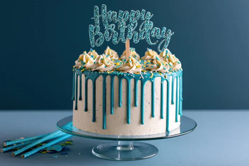 Birthday cake with teal drip glaze and happy birthday topper on glass stand