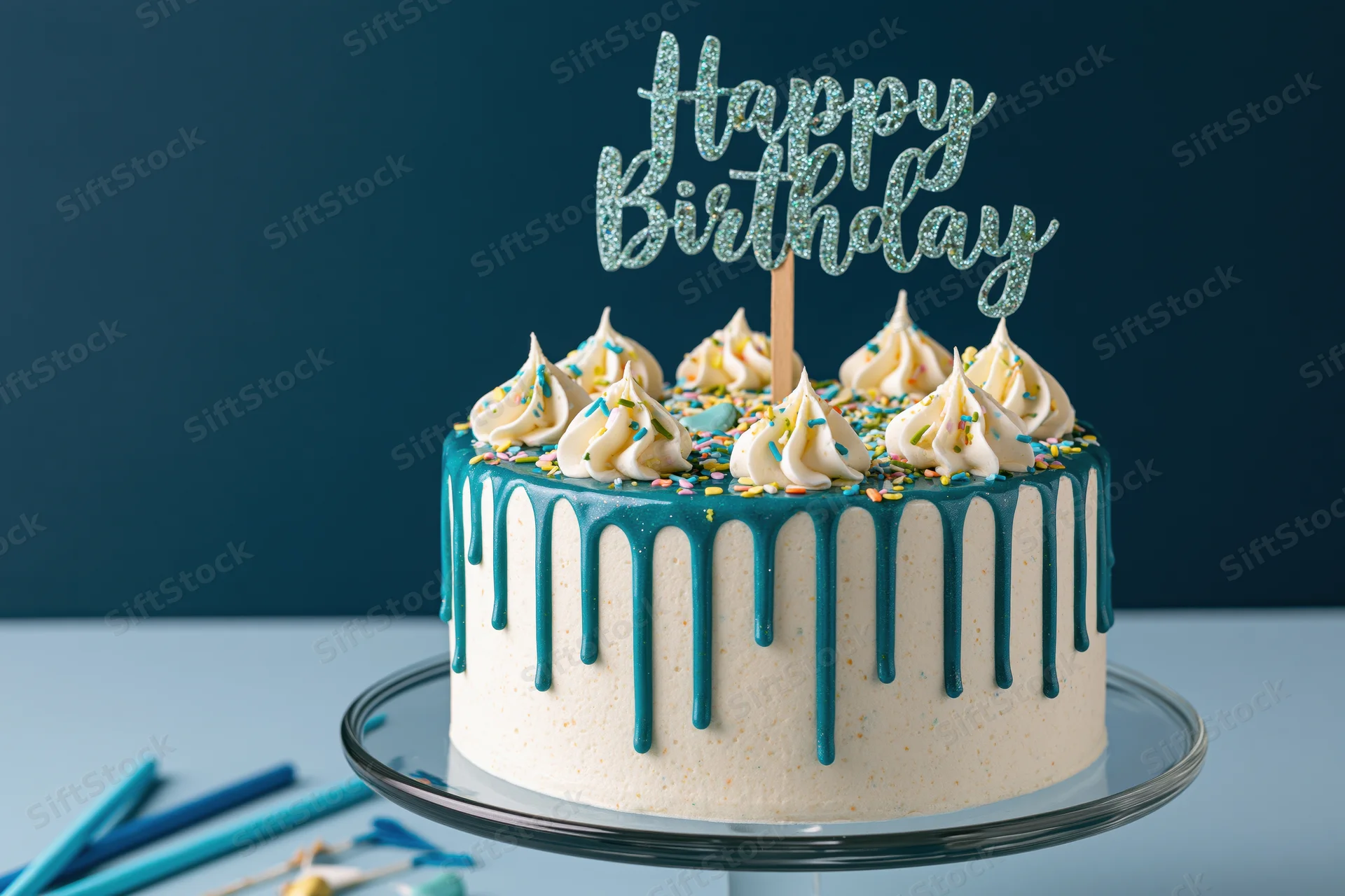 White frosted birthday cake with teal drip glaze and sprinkles on a glass cake stand