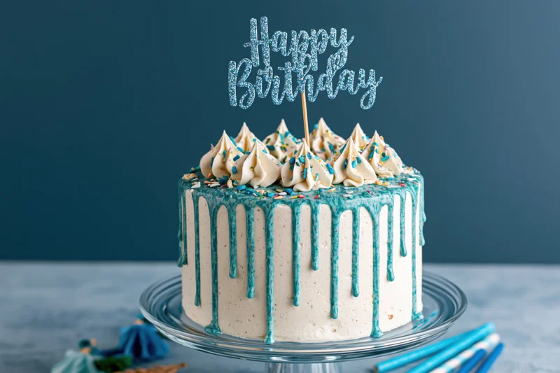 White frosted birthday cake with teal drip glaze on a glass cake stand